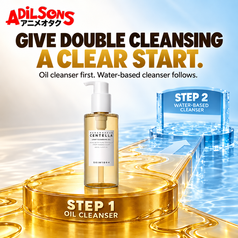 GIVE DOUBLE CLEANSING A CLEAR START. Oil cleanser first. Water-based cleanser follows.