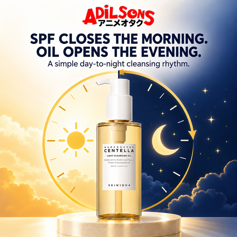 SPF CLOSES THE MORNING. OIL OPENS THE EVENING. A simple day-to-night cleansing rhythm.