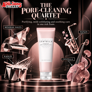 Four formula pillars—mineral salts, kaolin, papain and Centella—support a pore-focused cleanse.