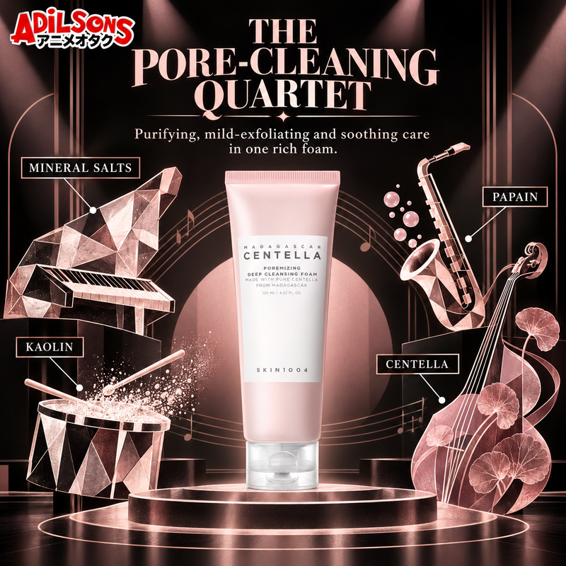 Four formula pillars—mineral salts, kaolin, papain and Centella—support a pore-focused cleanse.