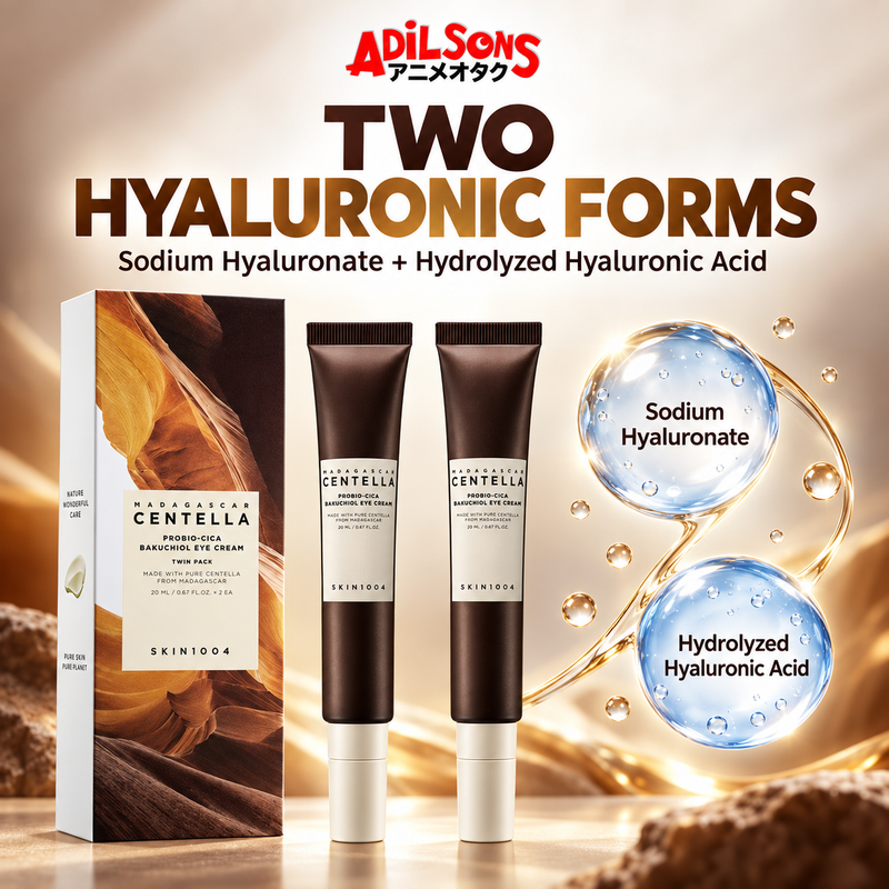 Adilsons Beauty ad for SKIN1004 Probio-Cica Bakuchiol Eye Cream twin pack: Two hyaluronic acid forms