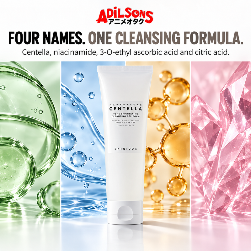 FOUR NAMES. ONE CLEANSING FORMULA. Centella, niacinamide, 3-O-ethyl ascorbic acid and citric acid.