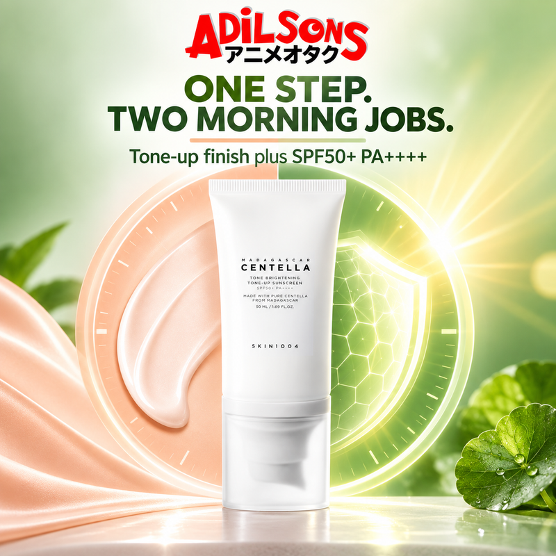 Adilsons ad for SKIN1004 Tone Brightening Tone-Up Sunscreen 50ml: ONE STEP. TWO MORNING JOBS.