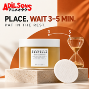 Adilsons Beauty sales creative for SKIN1004 Quick Calming Pad: PLACE. WAIT 3–5 MIN. — PAT IN THE REST.