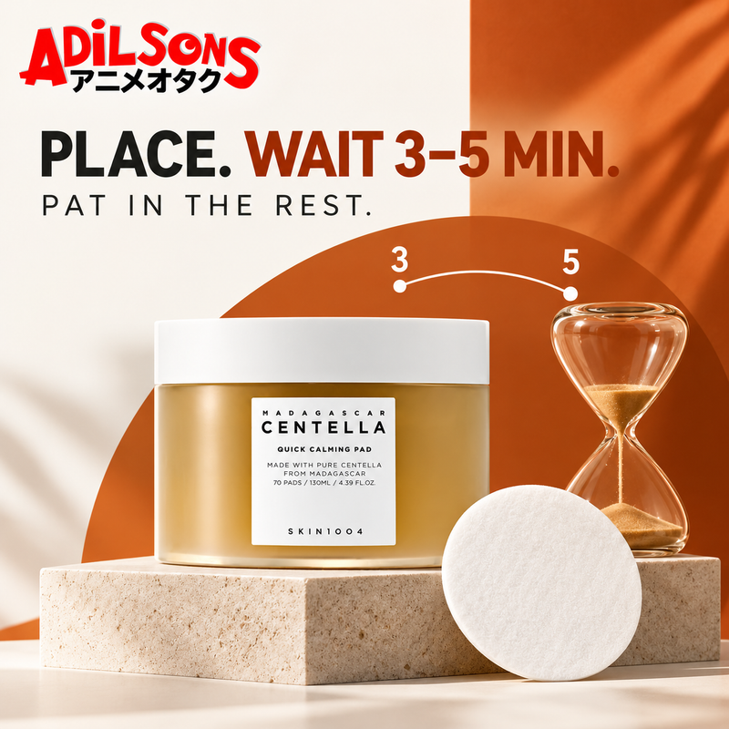Adilsons Beauty sales creative for SKIN1004 Quick Calming Pad: PLACE. WAIT 3–5 MIN. — PAT IN THE REST.
