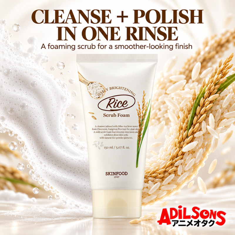 Adilsons ad for SKINFOOD Rice Daily Brightening Scrub Foam 150ml: CLEANSE + POLISH IN ONE RINSE