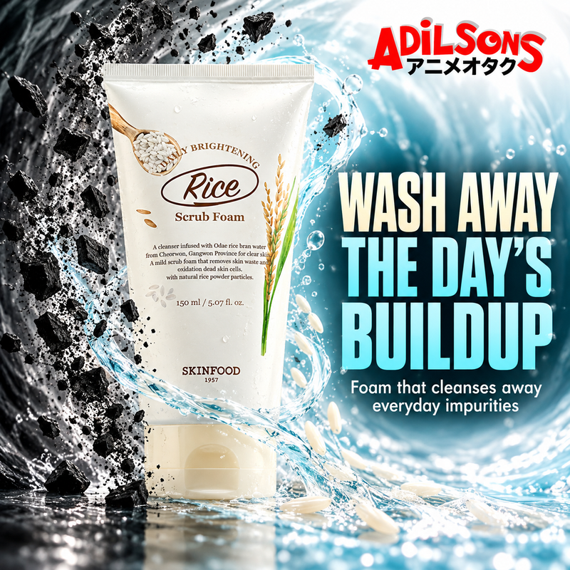 Adilsons ad for SKINFOOD Rice Daily Brightening Scrub Foam 150ml: WASH AWAY THE DAY'S BUILDUP