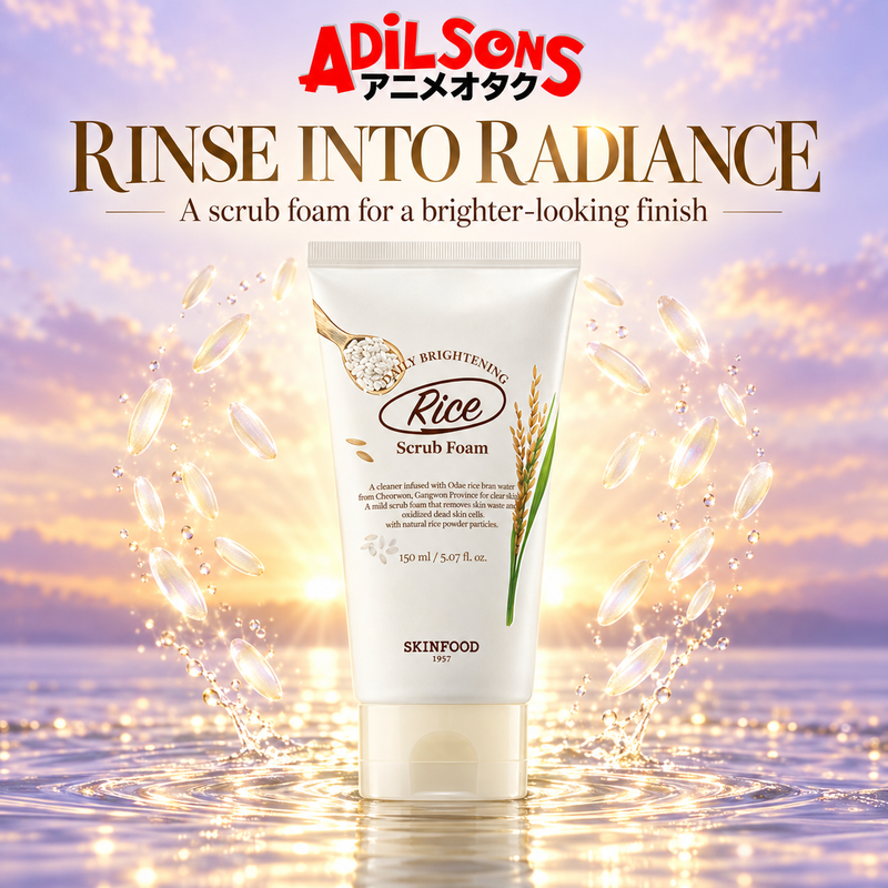 Adilsons ad for SKINFOOD Rice Daily Brightening Scrub Foam 150ml: RINSE INTO RADIANCE