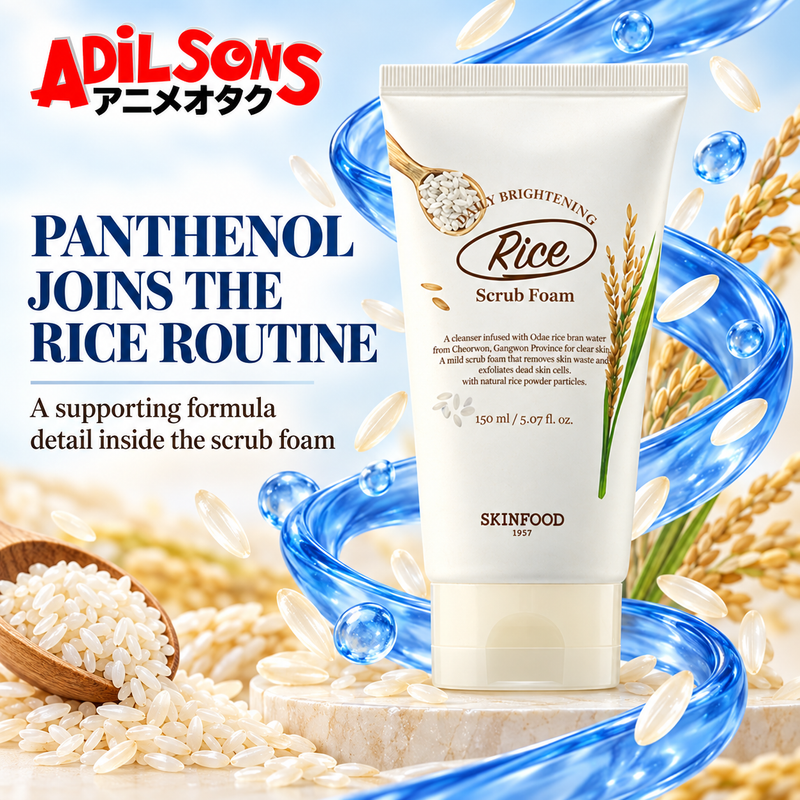 Adilsons ad for SKINFOOD Rice Daily Brightening Scrub Foam 150ml: PANTHENOL JOINS THE RICE ROUTINE