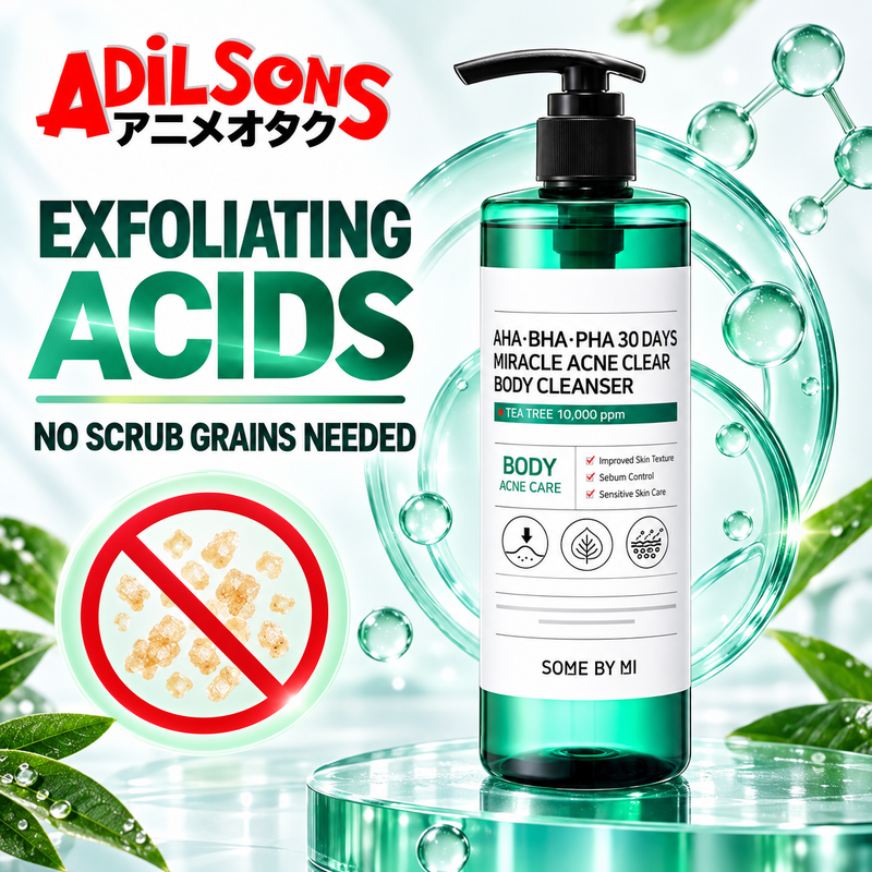 Adilsons Beauty SOME BY MI body cleanser ad: EXFOLIATING ACIDS — NO SCRUB GRAINS NEEDED