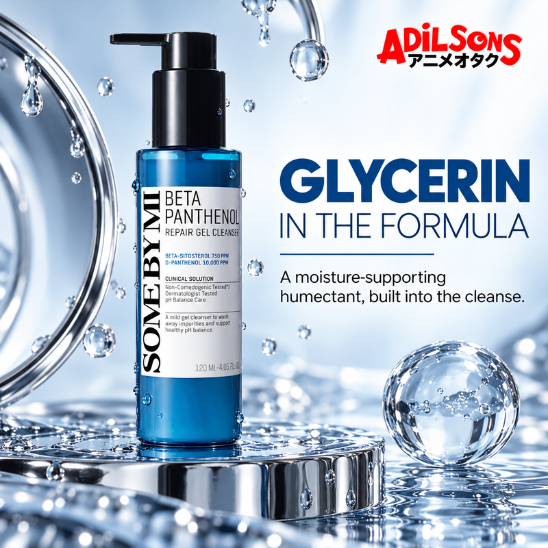 A chrome-and-water ad highlights glycerin as a moisture-supporting humectant in the cleanser formula.