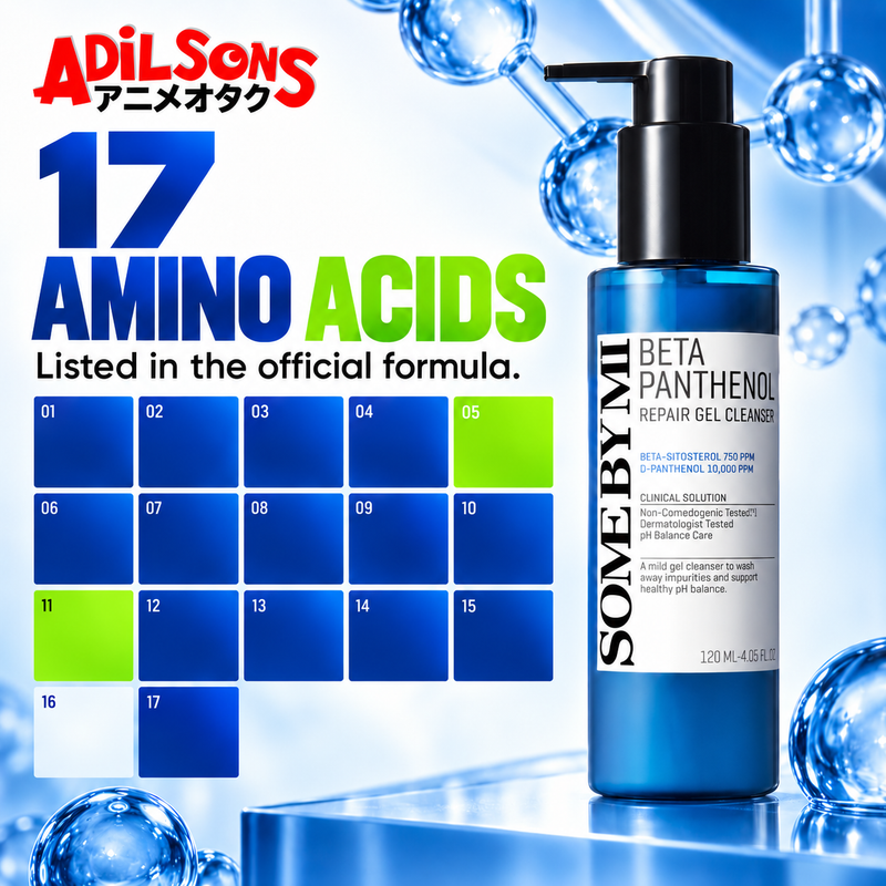 A numbered grid highlights 17 amino acids listed in the official cleanser formula.