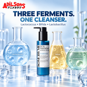Three cosmetic vessels represent Lactococcus, Bifida and Lactobacillus ferments listed in the formula.