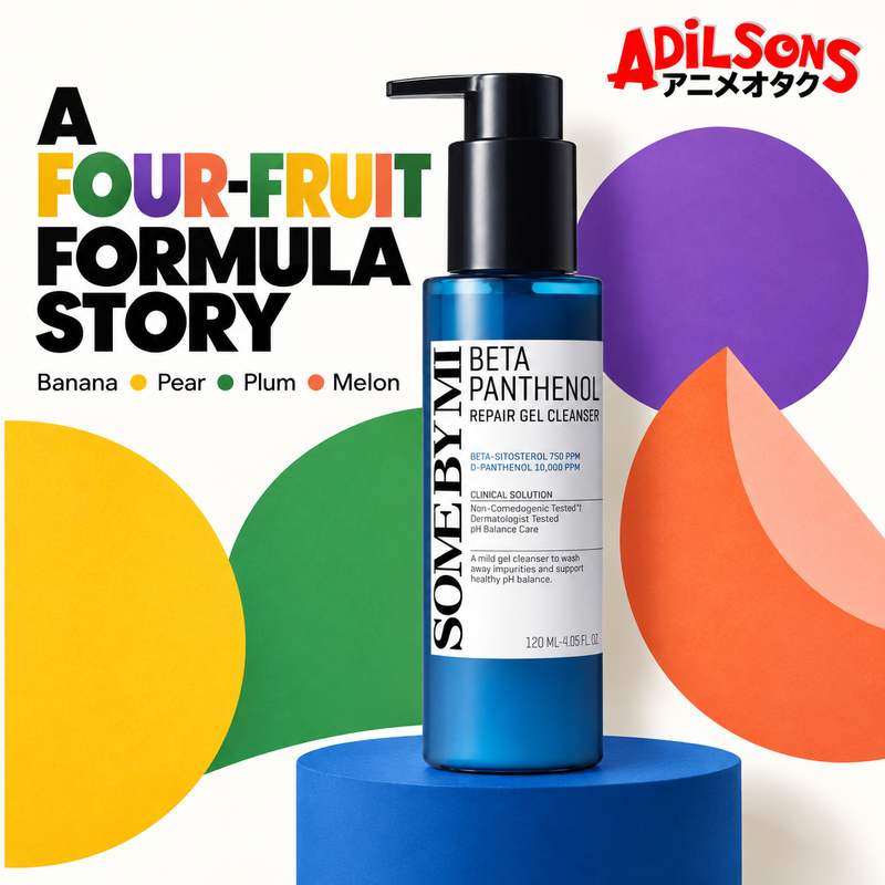 Abstract fruit-colour shapes highlight banana, pear, plum and melon extracts listed in the formula.