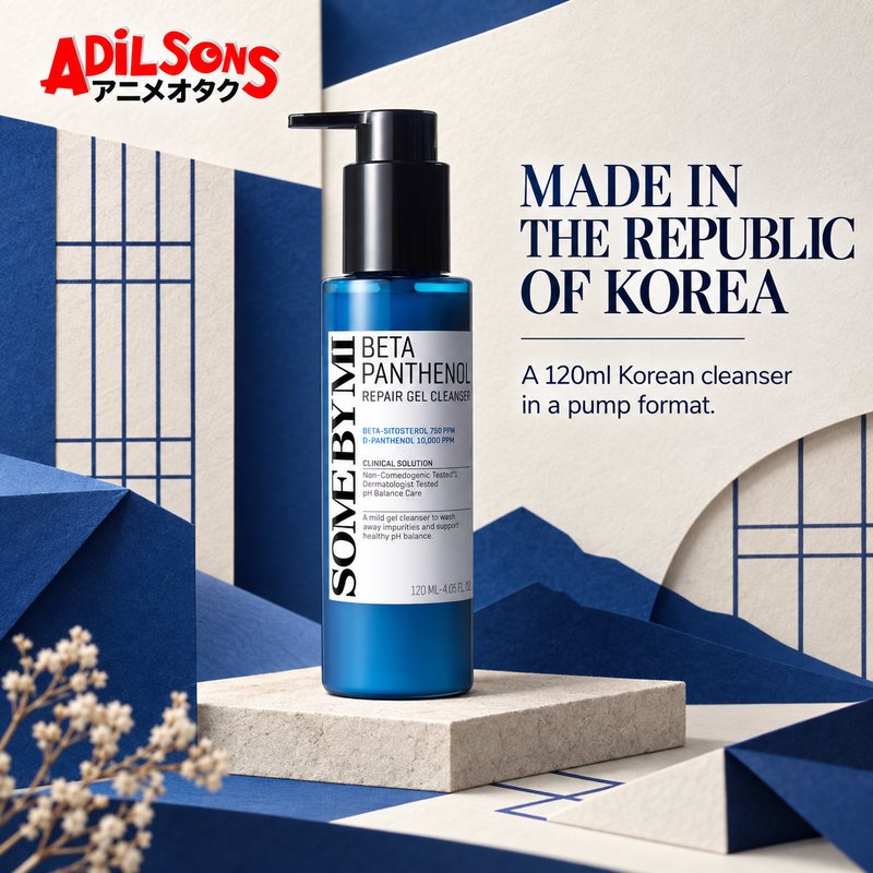 A folded-paper set presents the 120ml pump cleanser as made in the Republic of Korea.