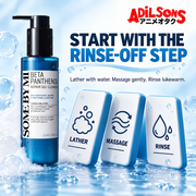 Three graphic tiles show the official lather, gentle massage and lukewarm rinse directions.