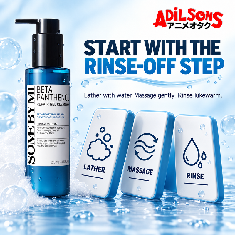 Three graphic tiles show the official lather, gentle massage and lukewarm rinse directions.