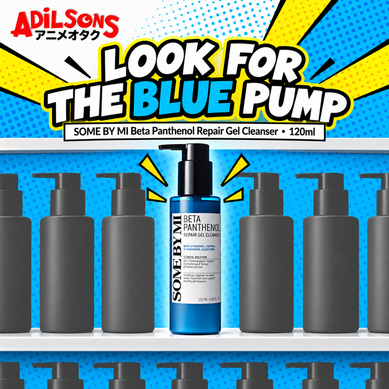 A pop-art shelf makes the exact blue SOME BY MI pump bottle instantly recognisable.