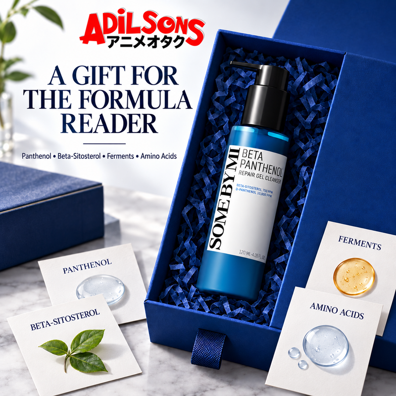 A cobalt gift-box still life presents the cleanser to an ingredient-conscious skincare shopper.