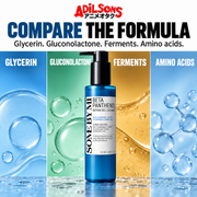 A four-column comparison grid spotlights glycerin, gluconolactone, ferments and amino acids.