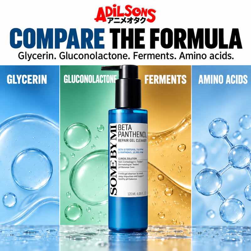 A four-column comparison grid spotlights glycerin, gluconolactone, ferments and amino acids.
