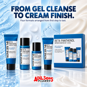 FROM GEL CLEANSE TO CREAM FINISH. Four formats arranged from first step to last.