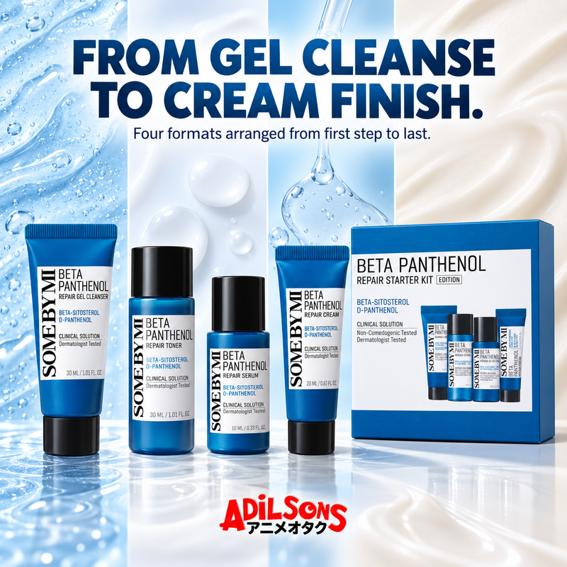 FROM GEL CLEANSE TO CREAM FINISH. Four formats arranged from first step to last.