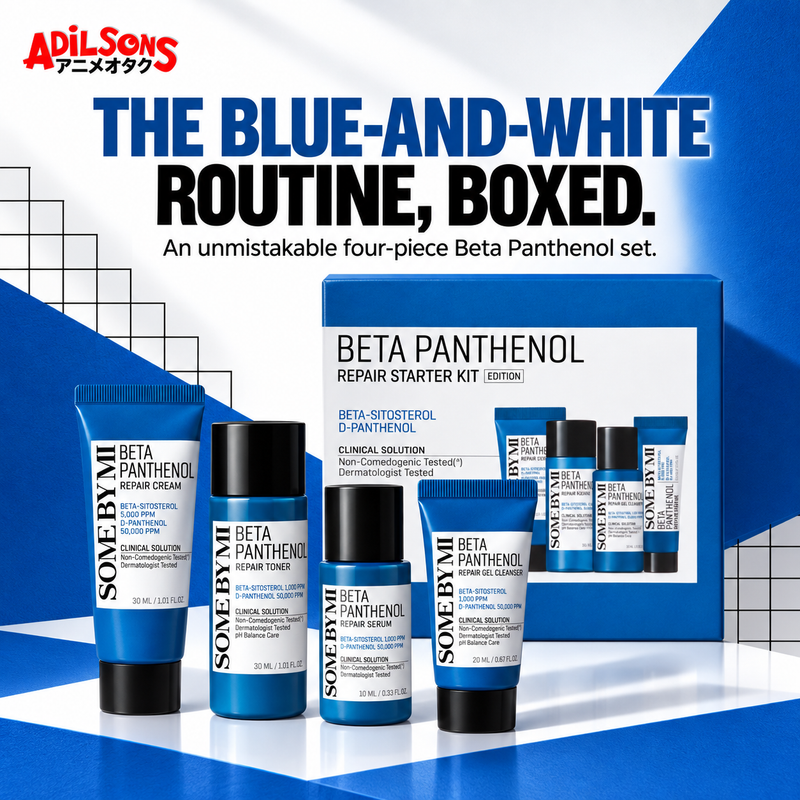 THE BLUE-AND-WHITE ROUTINE, BOXED. An unmistakable four-piece Beta Panthenol set.