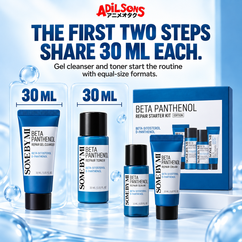 THE FIRST TWO STEPS SHARE 30 ML EACH. Gel cleanser and toner start the routine with equal-size formats.