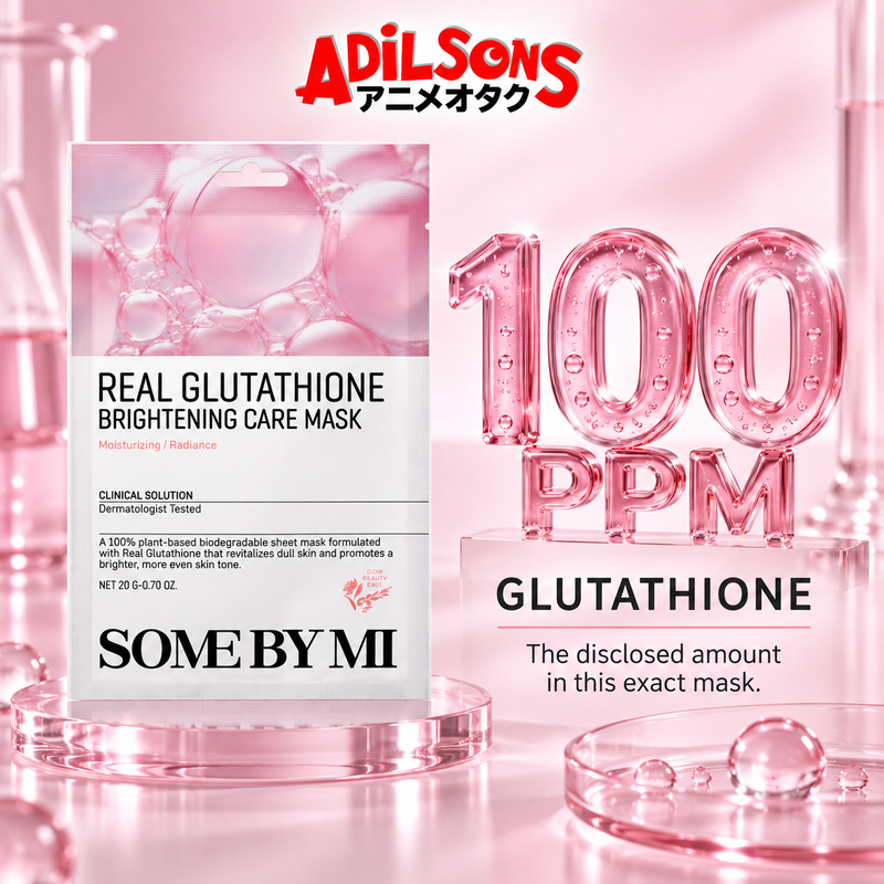 The exact mask beside luminous 100 ppm typography for its disclosed glutathione amount.