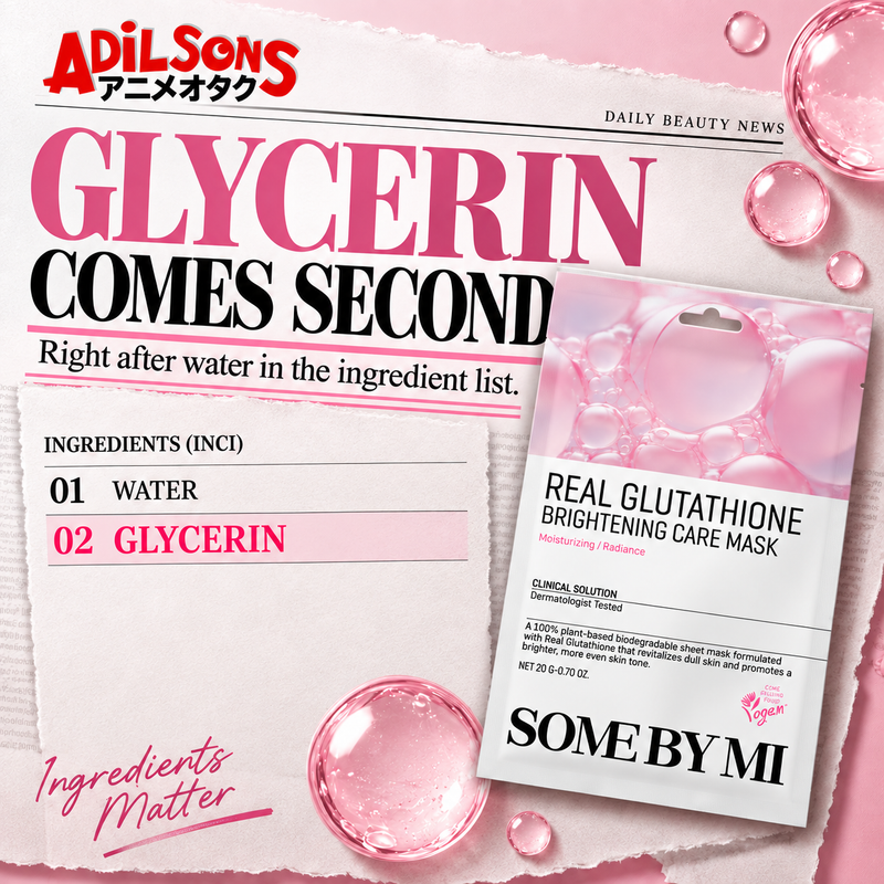 A newspaper layout shows water first and glycerin second in the official INCI.