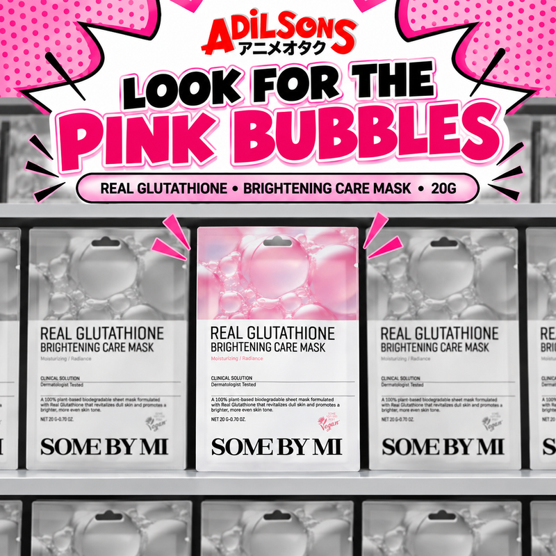 A pop-art shelf makes the exact pink-bubble pouch easy to recognize.