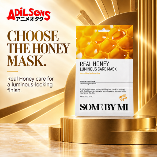 SOME BY MI Real Honey Luminous Care Mask 20g on a golden art-deco pedestal with sales headline
