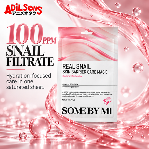 Adilsons Beauty SOME BY MI Real Snail Skin Barrier Care Mask ad: 100 PPM SNAIL FILTRATE / Hydration-focused care in one saturated sheet.
