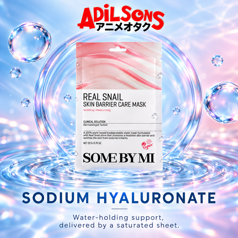 Adilsons Beauty SOME BY MI Real Snail Skin Barrier Care Mask ad: SODIUM HYALURONATE / Water-holding support, delivered by a saturated sheet.