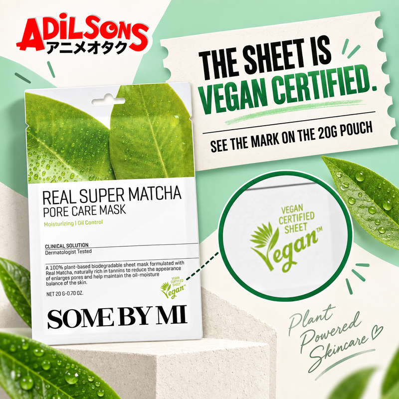 SOME BY MI Real Super Matcha Pore Care Mask 20g creative: certified vegan sheet.