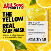 A sunshine-yellow ad sells the exact Real Vitamin 20g sheet-mask identity.