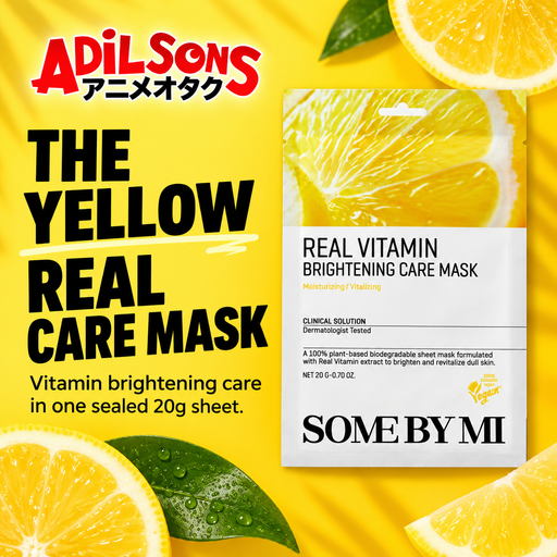 A sunshine-yellow ad sells the exact Real Vitamin 20g sheet-mask identity.