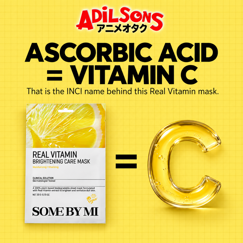 A clear typographic equation connects the INCI name ascorbic acid with Vitamin C.