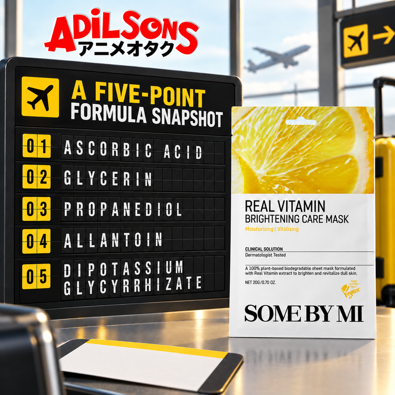 A departure board lists five verified ingredients without benefits.