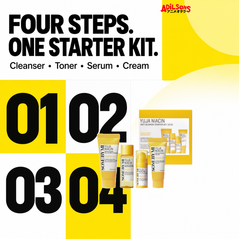 SOME BY MI Yuja Niacin four-piece starter kit — four-step completeness sales creative for Adilsons Mauritius
