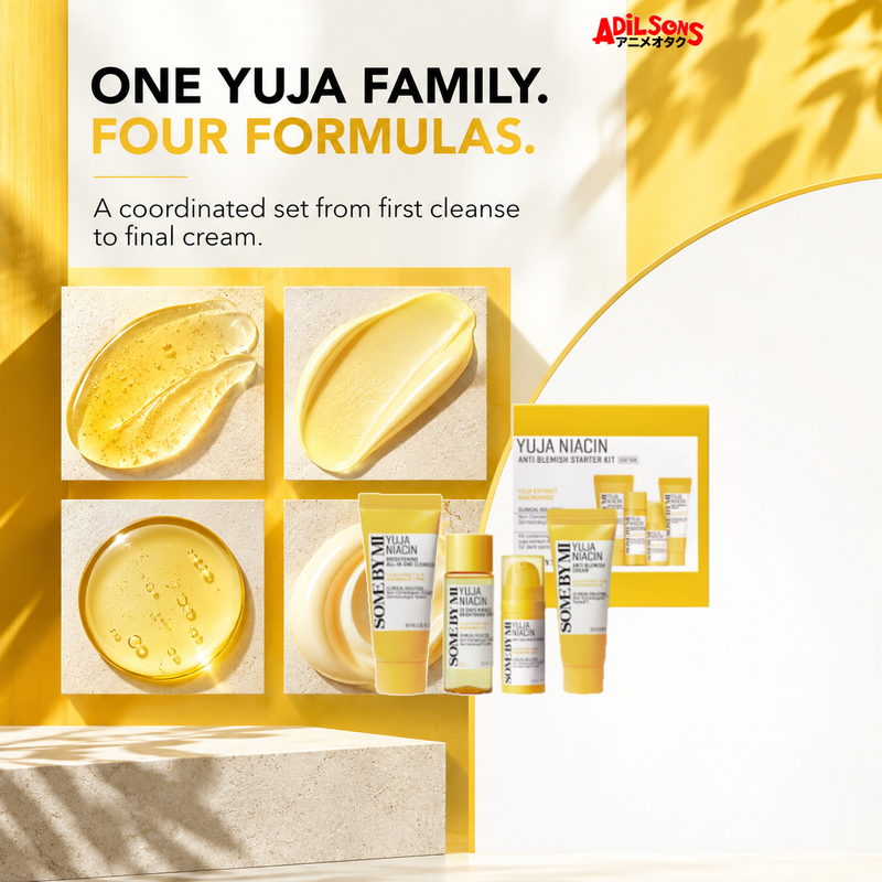 SOME BY MI Yuja Niacin four-piece starter kit — coordinated formula family sales creative for Adilsons Mauritius