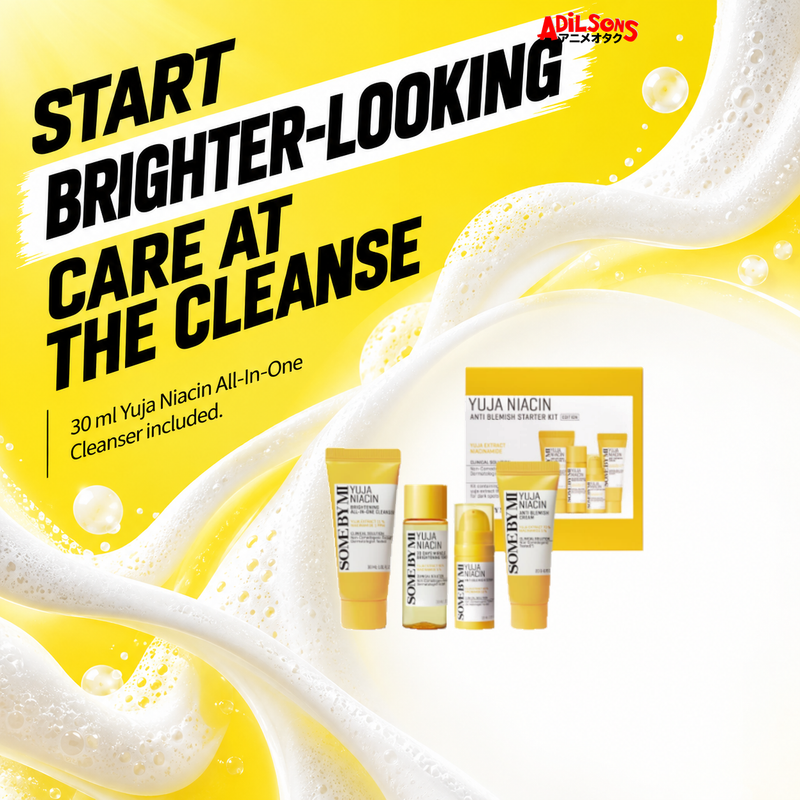 SOME BY MI Yuja Niacin four-piece starter kit — cleanser-led start sales creative for Adilsons Mauritius