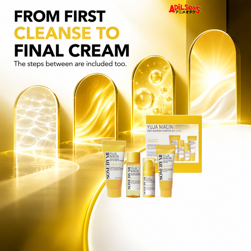 SOME BY MI Yuja Niacin four-piece starter kit — full sequence architecture sales creative for Adilsons Mauritius