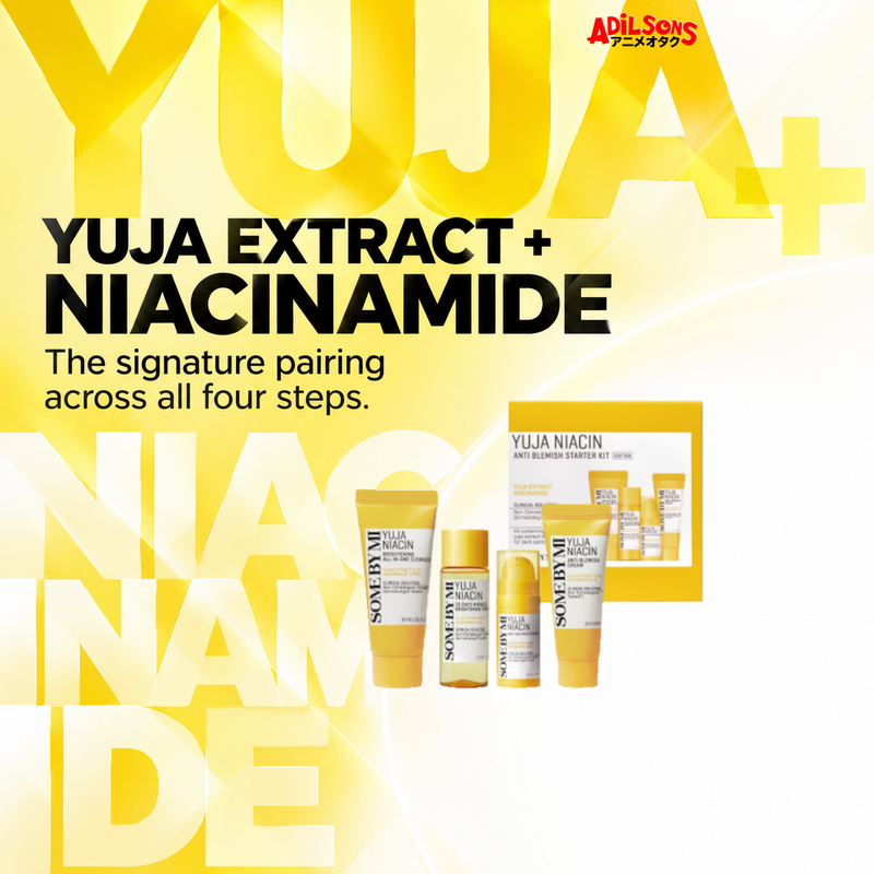 SOME BY MI Yuja Niacin four-piece starter kit — signature ingredient pairing sales creative for Adilsons Mauritius