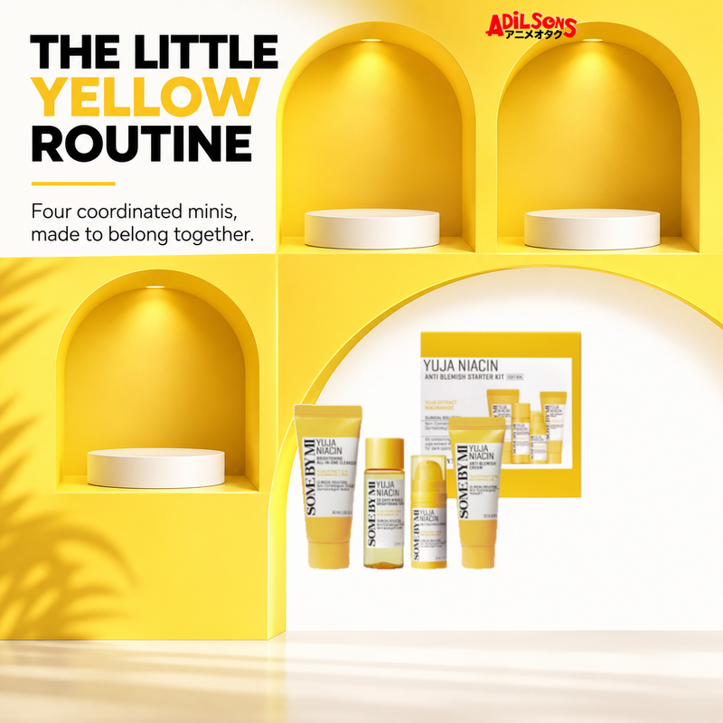 SOME BY MI Yuja Niacin four-piece starter kit — coordinated shelf appeal sales creative for Adilsons Mauritius