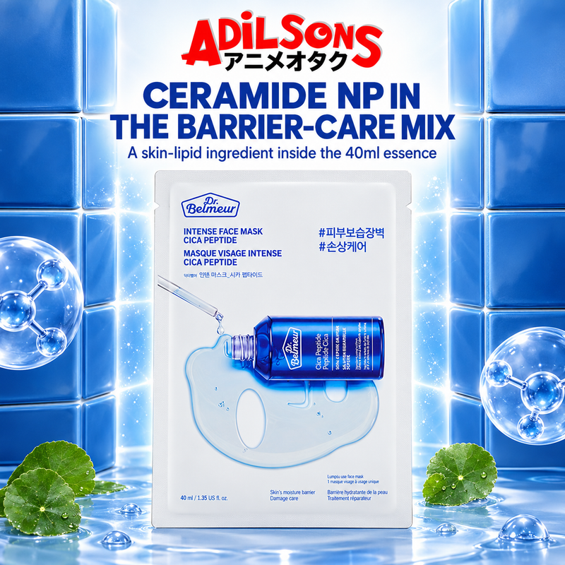 Adilsons ad for The Face Shop Dr.Belmeur Intense Face Mask Cica Peptide: CERAMIDE NP IN THE BARRIER-CARE MIX