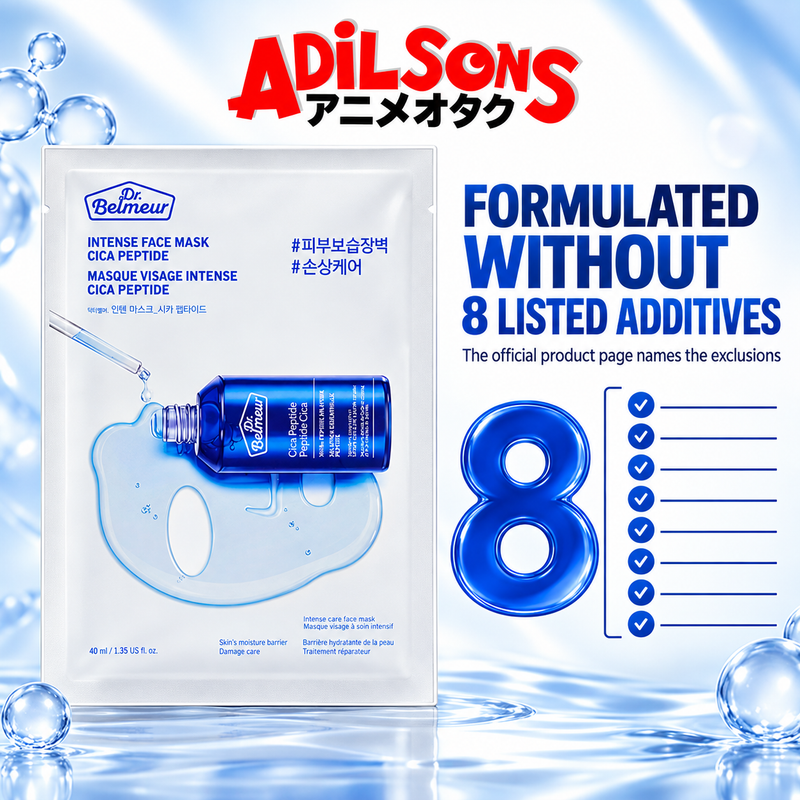 Adilsons ad for The Face Shop Dr.Belmeur Intense Face Mask Cica Peptide: FORMULATED WITHOUT 8 LISTED ADDITIVES