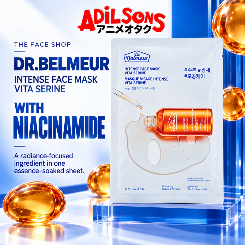 Adilsons Beauty Dr.Belmeur Vita Serine mask ad: WITH NIACINAMIDE / A radiance-focused ingredient in one essence-soaked sheet.