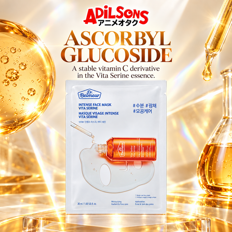 Adilsons Beauty Dr.Belmeur Vita Serine mask ad: ASCORBYL GLUCOSIDE / A stable Vitamin C derivative in the Vita Serine essence.